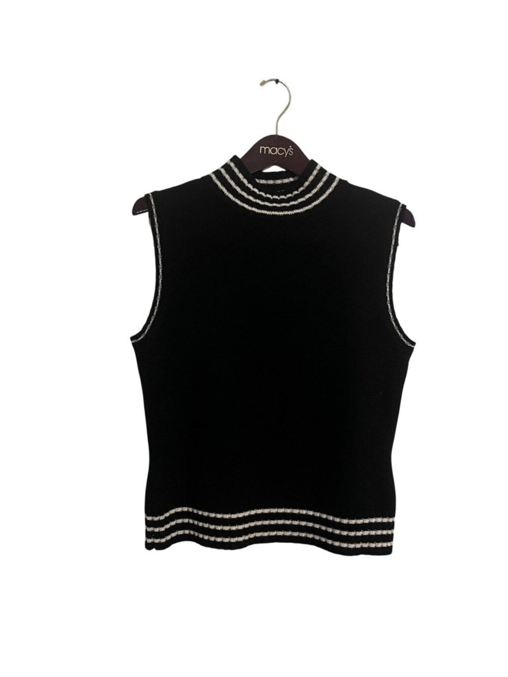 Harolds Black Sleeveless Mock Neck Knit Sweater With White Stripes Womens Size M